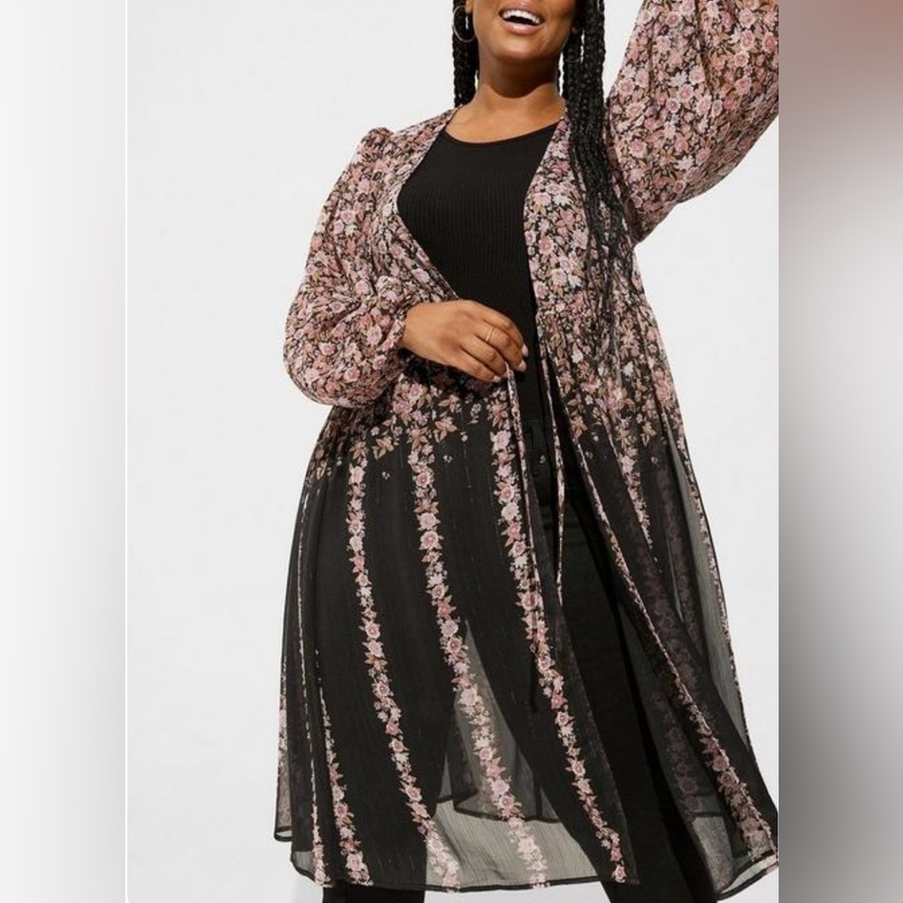 Torrid Kimono, Floral, Tie Front, Vintage Inspired Puff Sleeves, Trendy NWT 2X